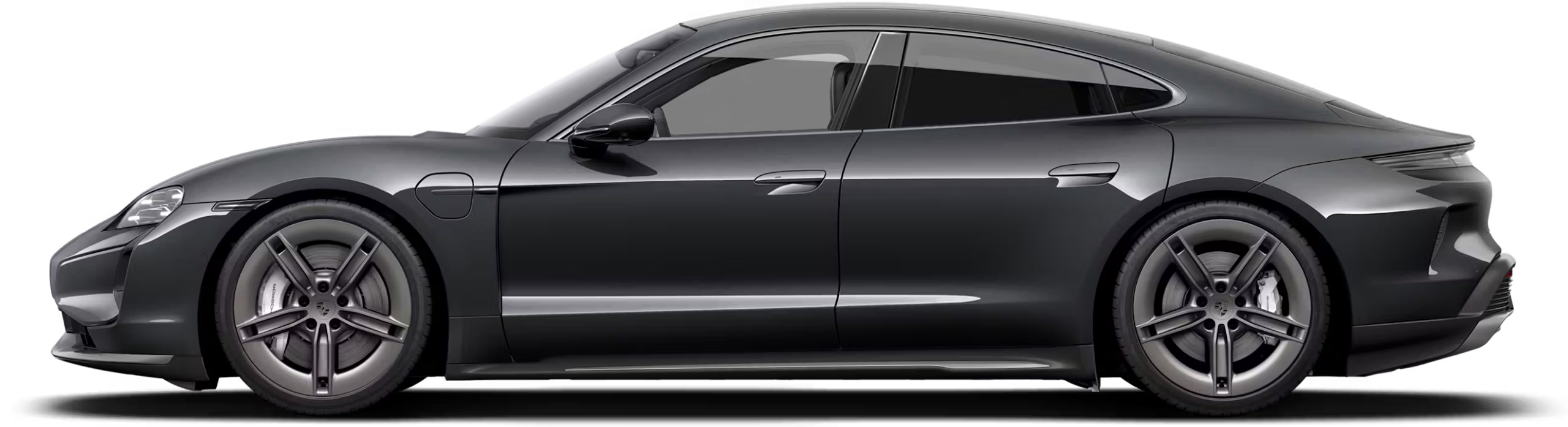 Side view of the 2025 Porsche Taycan lease, an electric Porsche with aerodynamic lines in Brooklyn.