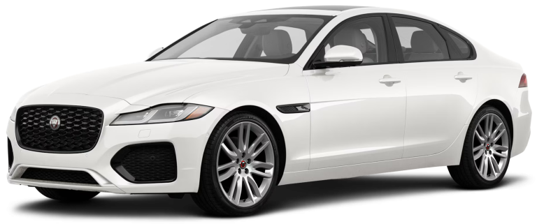 Front view of the 2024 Jaguar XF RWD R-DYNAMIC SE in Fuji White, featuring LED signature headlights and gloss black grille
