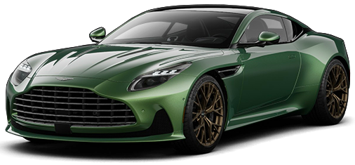 Front angle of the 2025 Aston Martin DB12 coupe in green featuring signature grille, Matrix LED headlights, and sporty stance