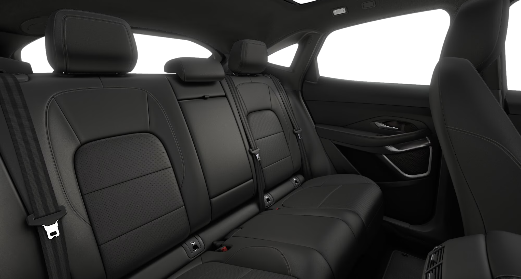 Rear seat view of the 2024 Jaguar E-Pace R Dynamic SE AWD showcasing DuoLeather upholstery and versatile fold-flat seating.