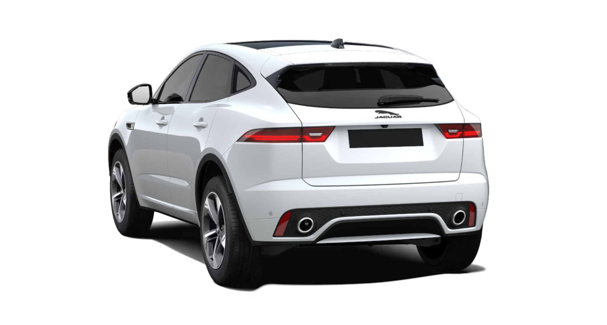 Rear angle of the 2024 Jaguar E-Pace R Dynamic SE AWD highlighting LED tail lights, twin tailpipes, and powered liftgate.