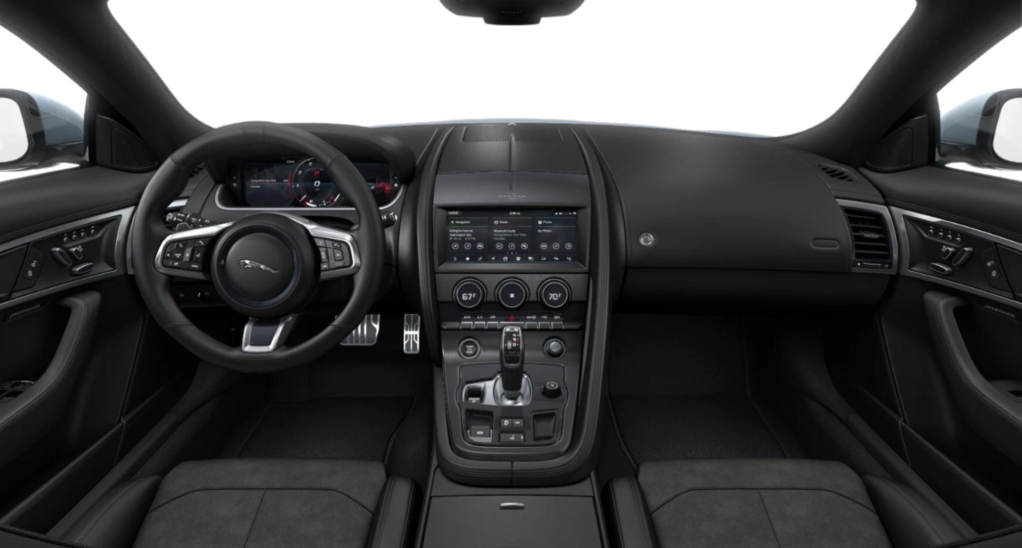 Interior view of the 2025 Jaguar F-Type dashboard featuring Ebony leather, a Meridian™ sound system, and digital driver display.