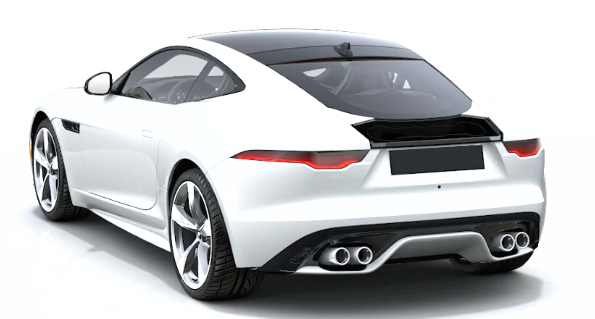 Rear view of the 2025 Jaguar F-Type R-DYNAMIC P450 RWD in Fuji White with quad exhausts and a fixed panoramic roof.