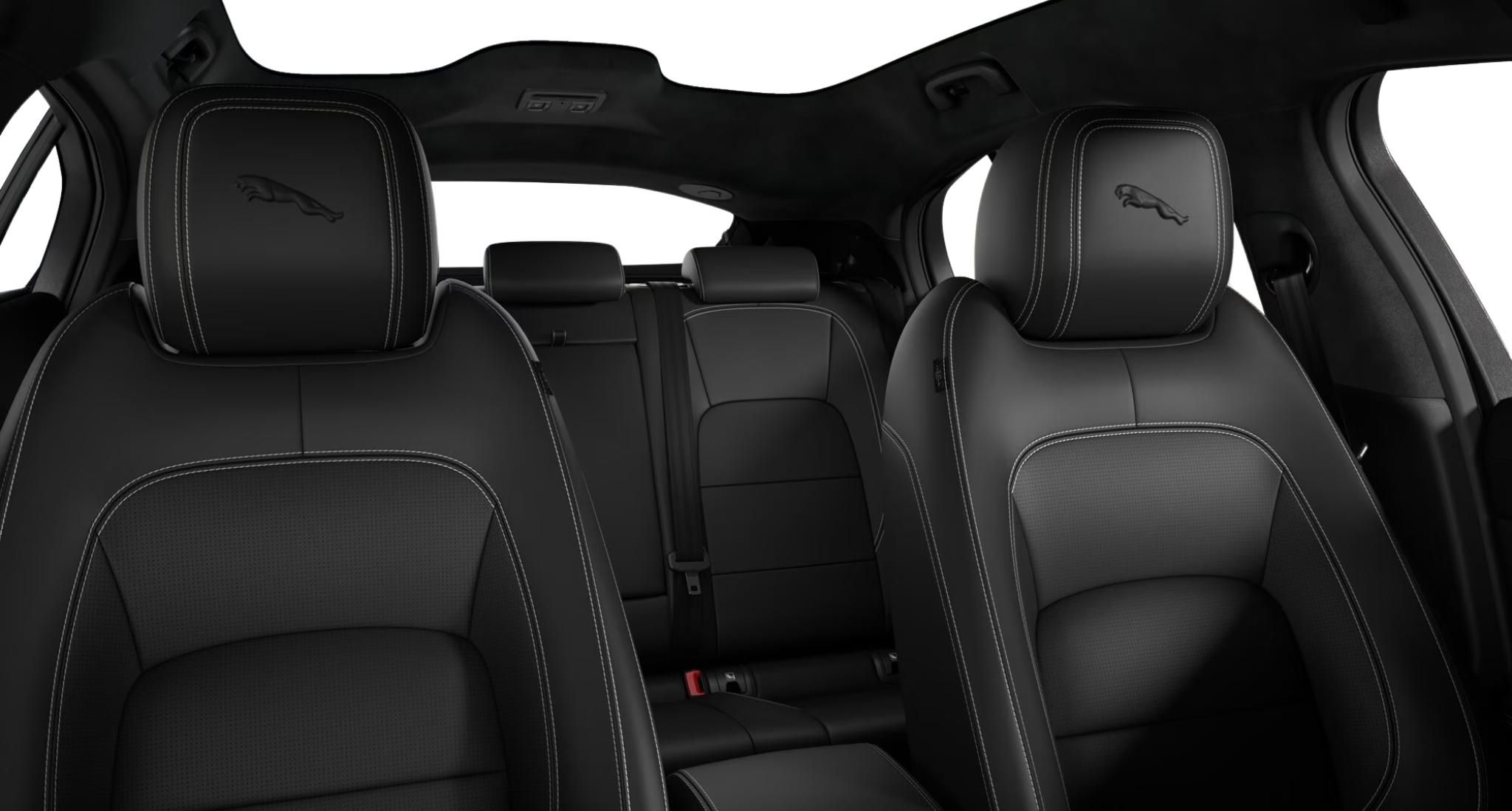 Premium Windsor leather sport seats inside the 2025 Jaguar I-Pace R-Dynamic HSE AWD with contrast stitching and panoramic roof.