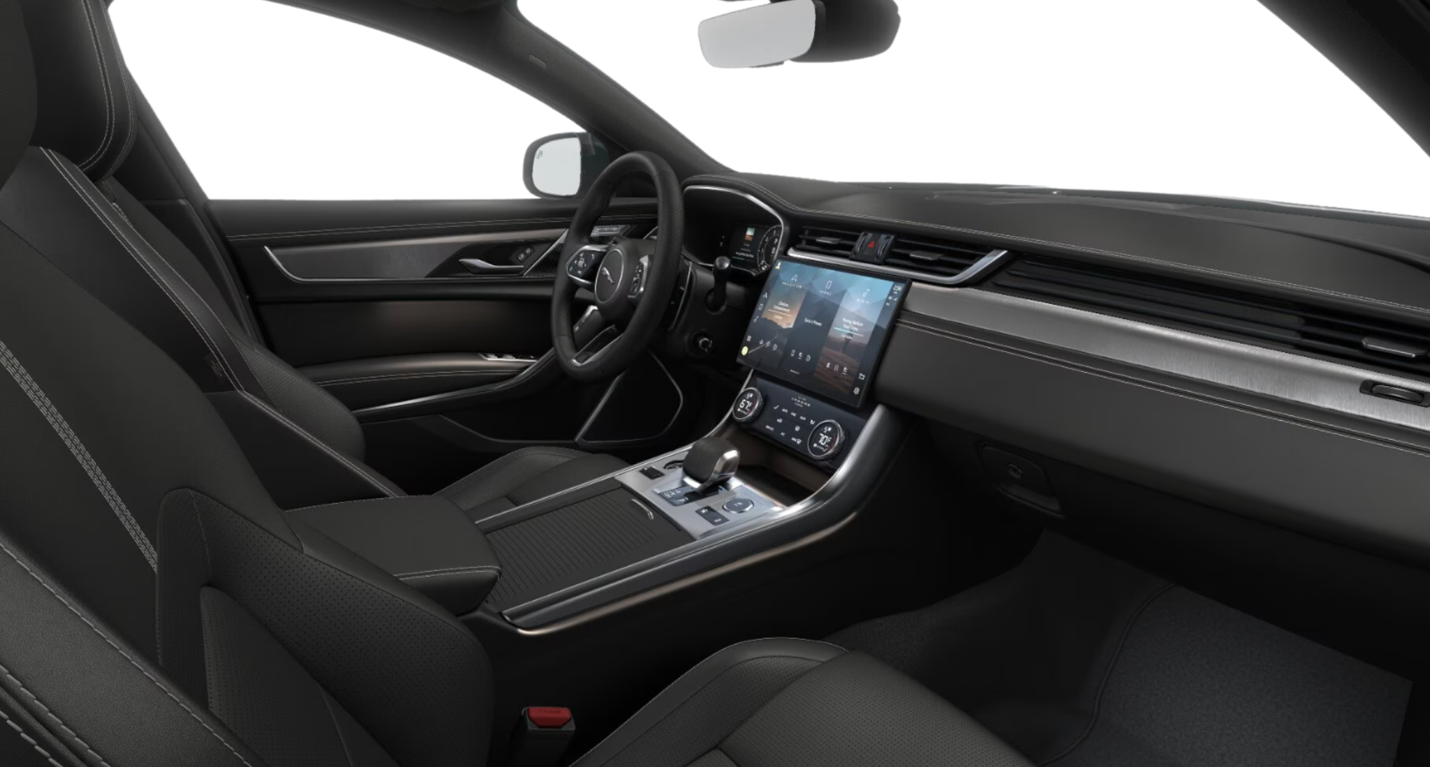 Front interior of the 2024 Jaguar XF RWD R-DYNAMIC SE featuring Pivi Pro touchscreen and luxury cockpit design