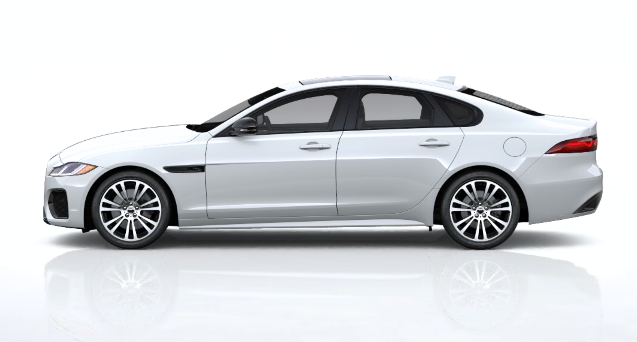 Side view of the 2024 Jaguar XF RWD R-DYNAMIC SE highlighting its sleek silhouette, gloss black trim, and 19-inch wheels