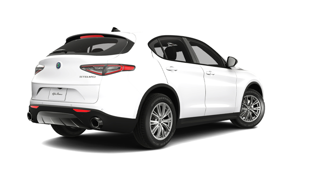 Back view of the 2025 Alfa Romeo Stelvio showcasing LED tail lights and AWD badge