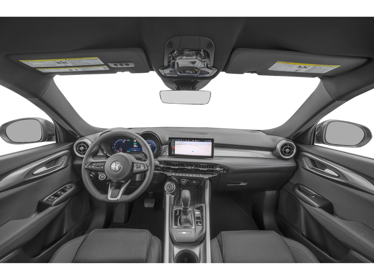 Cockpit view of the 2025 Alfa Romeo Tonale Hybrid, highlighting the digital gauge cluster, Uconnect touchscreen, and sport steering wheel.
