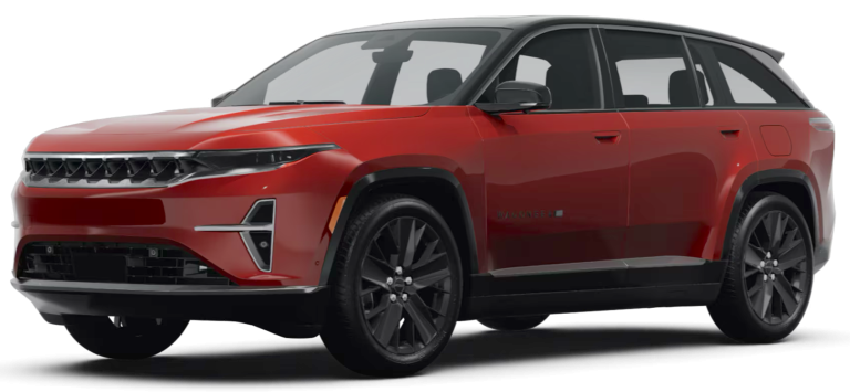 Front view of 2025 Jeep Wagoneer S lease, a luxury electric SUV with iconic grille in NYC.