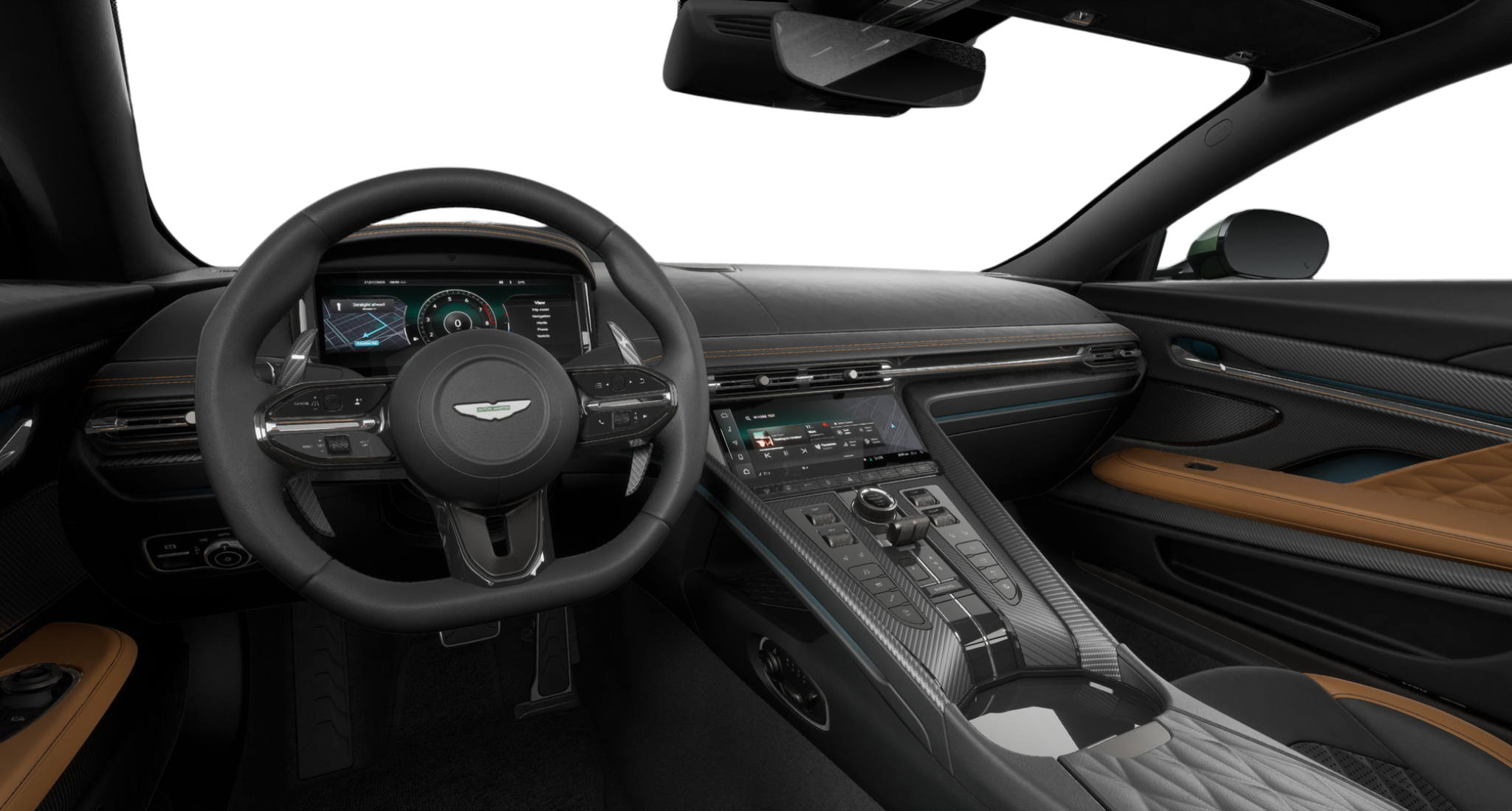 2025 Aston Martin DB12 interior dashboard view showcasing digital instrument cluster, leather-trimmed steering, and premium center console