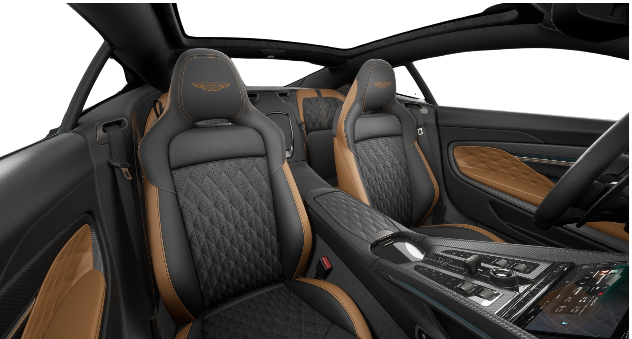 Luxurious quilted leather seats in the 2025 Aston Martin DB12 coupe with tan accents and full 2+2 cabin layout