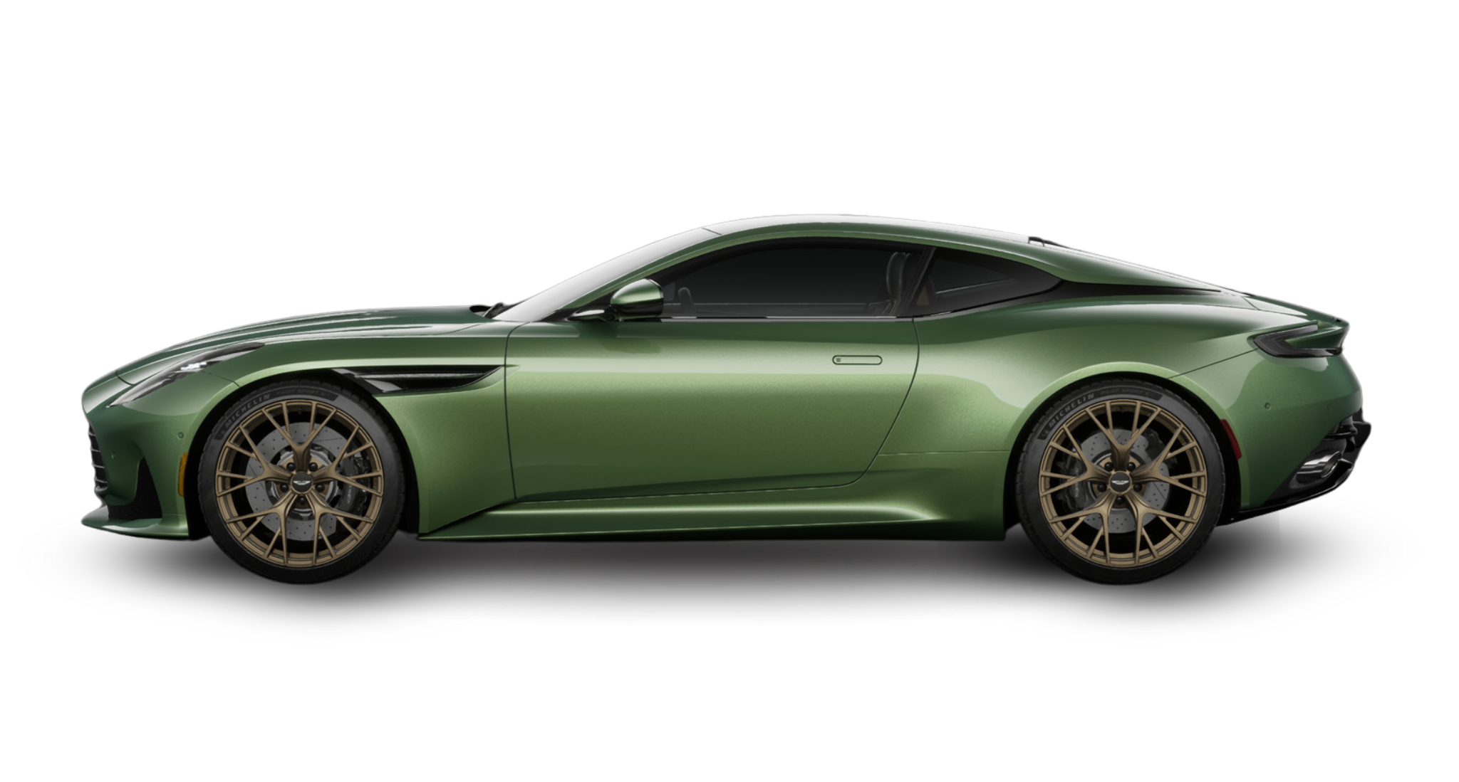 Side profile of the 2025 Aston Martin DB12 in metallic green with bronze alloy wheels and sleek aerodynamic coupe design