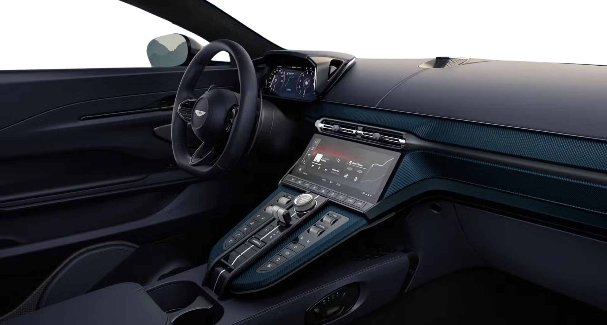 2025 Aston Martin Vantage Coupe cockpit showing digital instrument cluster, central touchscreen, and carbon fiber trim accents.