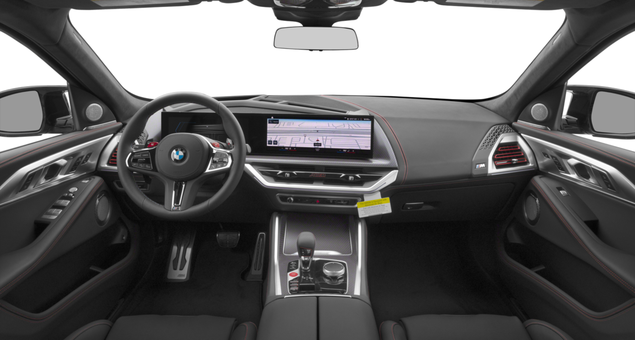 Driver cockpit of the 2025 BMW XM PHEV AWD featuring BMW Curved Display, carbon fiber trim, and red-stitched leather dash.