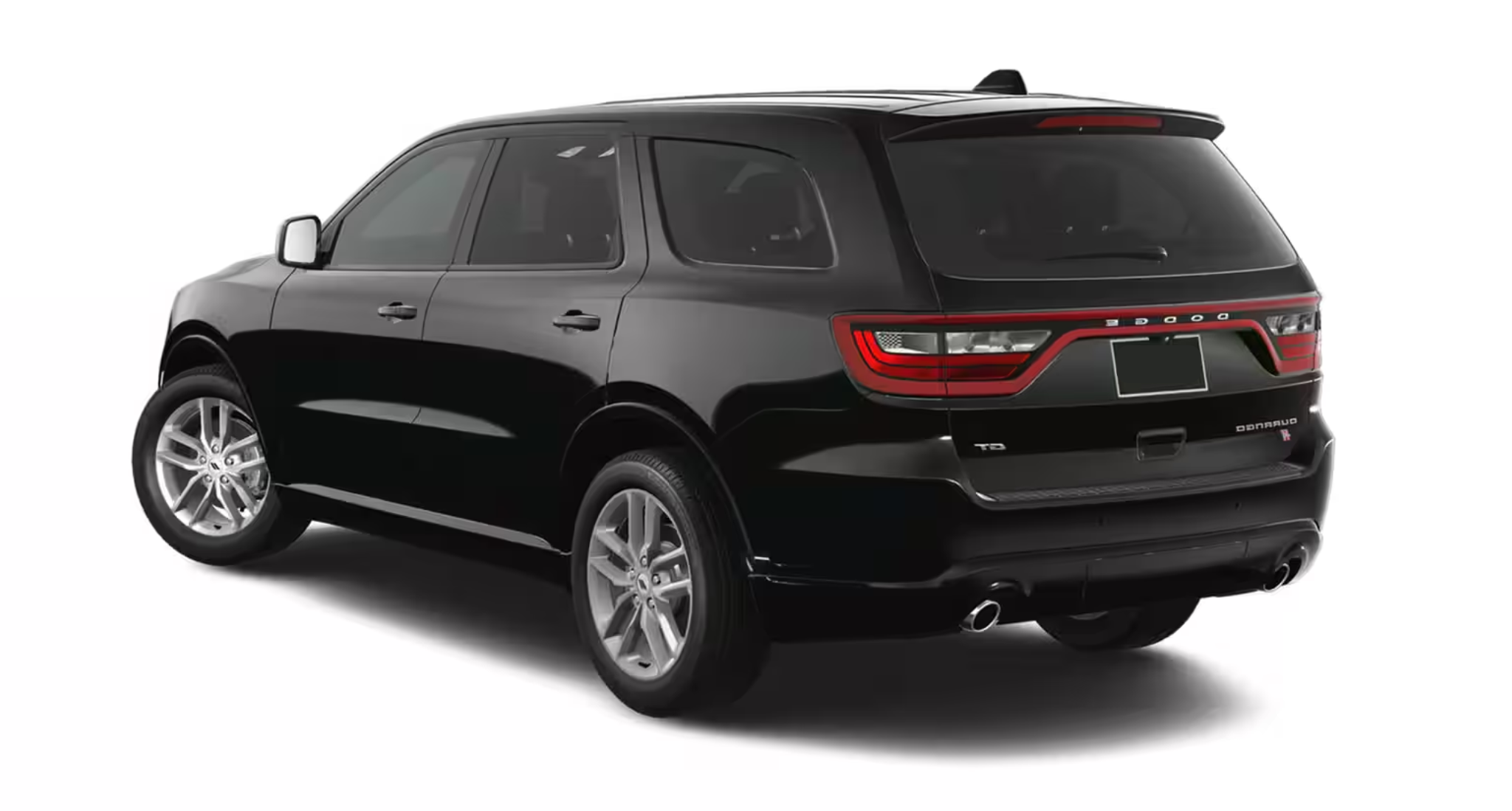 Rear exterior of the 2025 Dodge Durango GT AWD in black with LED taillights and dual exhaust system