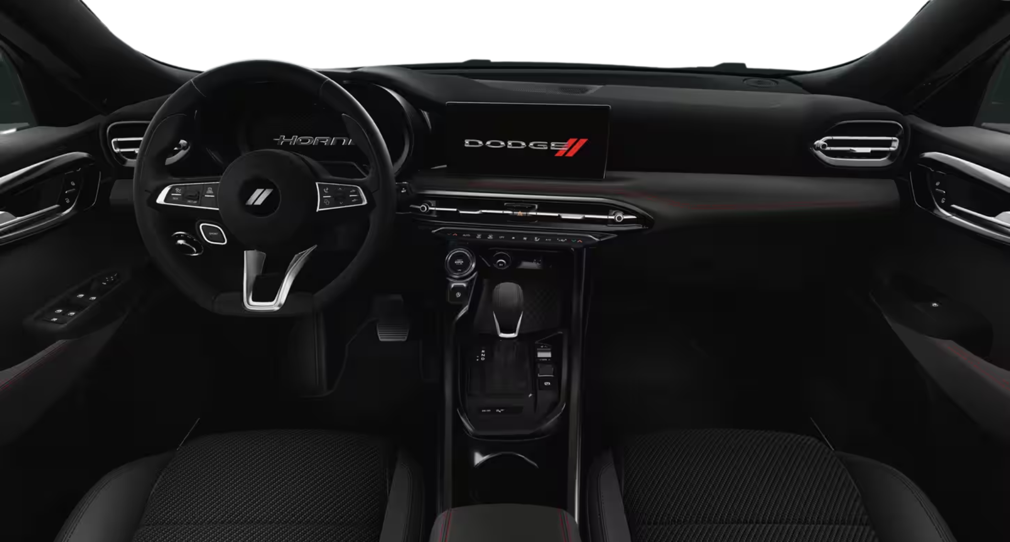 2025 Dodge Hornet GT AWD interior showing digital cockpit with steering wheel, Uconnect 10.25-inch touchscreen, and techno-leather details.