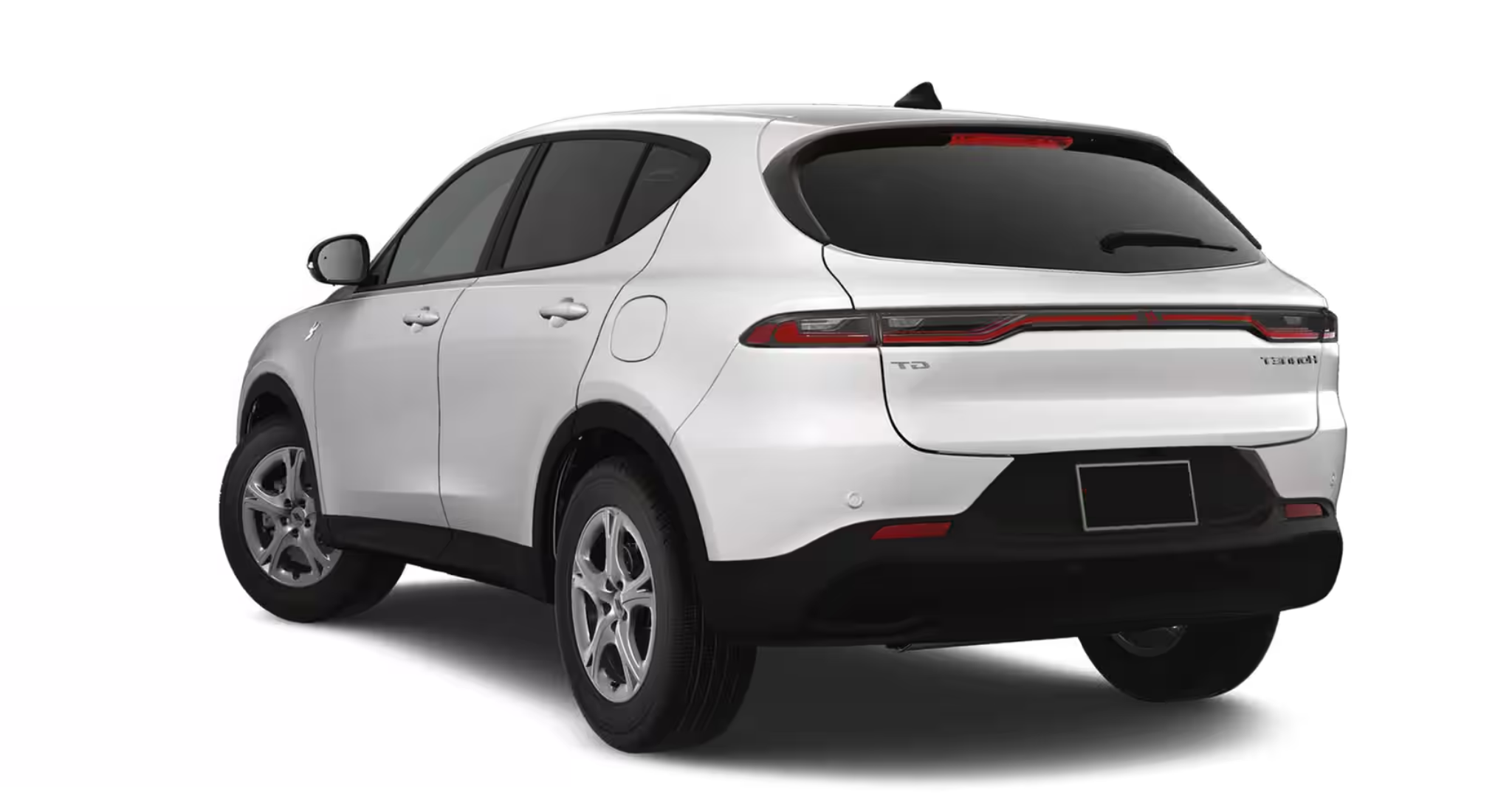 Rear view of 2025 Dodge Hornet GT AWD in white with LED taillights, body-color spoiler, and dual exhaust design.