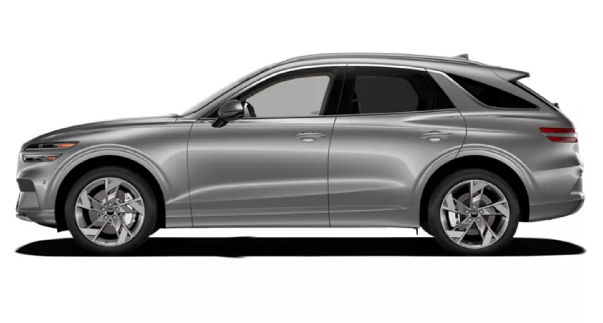 Side profile of the 2025 Genesis Electrified GV70 AWD in metallic silver showing aerodynamic body and 20-inch alloy wheels