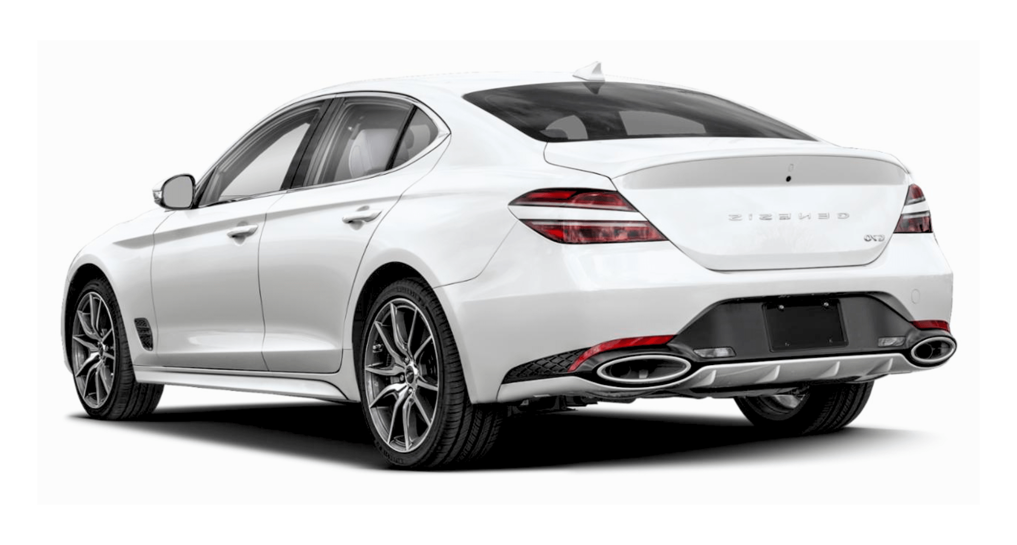 Rear design of the 2025 Genesis G70 RWD highlighting dual chrome exhausts, LED taillights, and sporty bumper styling