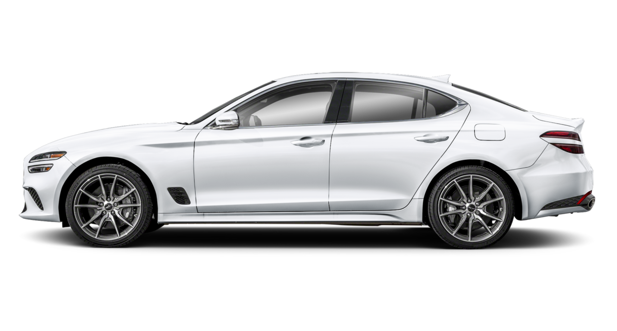 Sleek side profile of the 2025 Genesis G70 RWD in white, showcasing aerodynamic curves and 19-inch alloy wheels