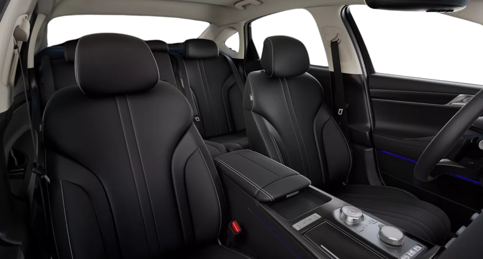 Luxurious black leatherette interior of the 2025 Genesis G80 AWD showcasing heated front and rear seating with contrast stitching.