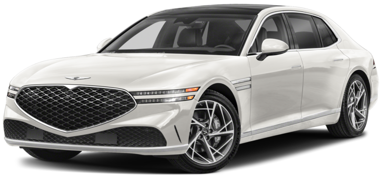 Front view of the 2025 Genesis G90 AWD with signature Genesis grille, LED headlamps, and luxury sedan styling in white.