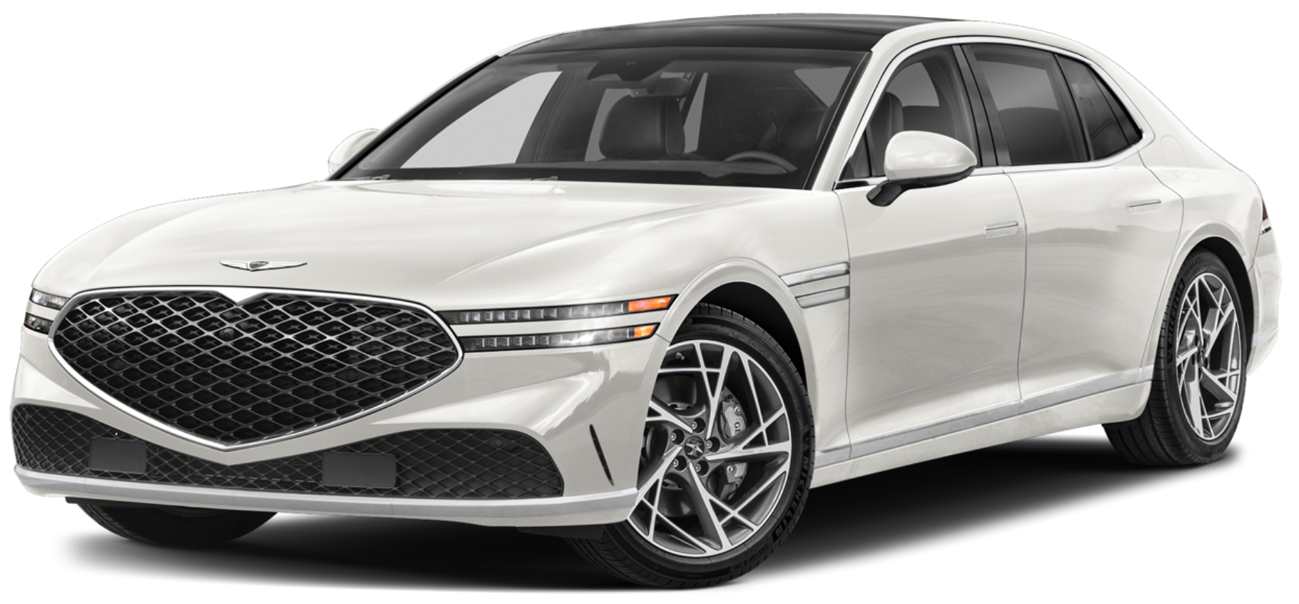 Front view of the 2025 Genesis G90 AWD with signature Genesis grille, LED headlamps, and luxury sedan styling in white.
