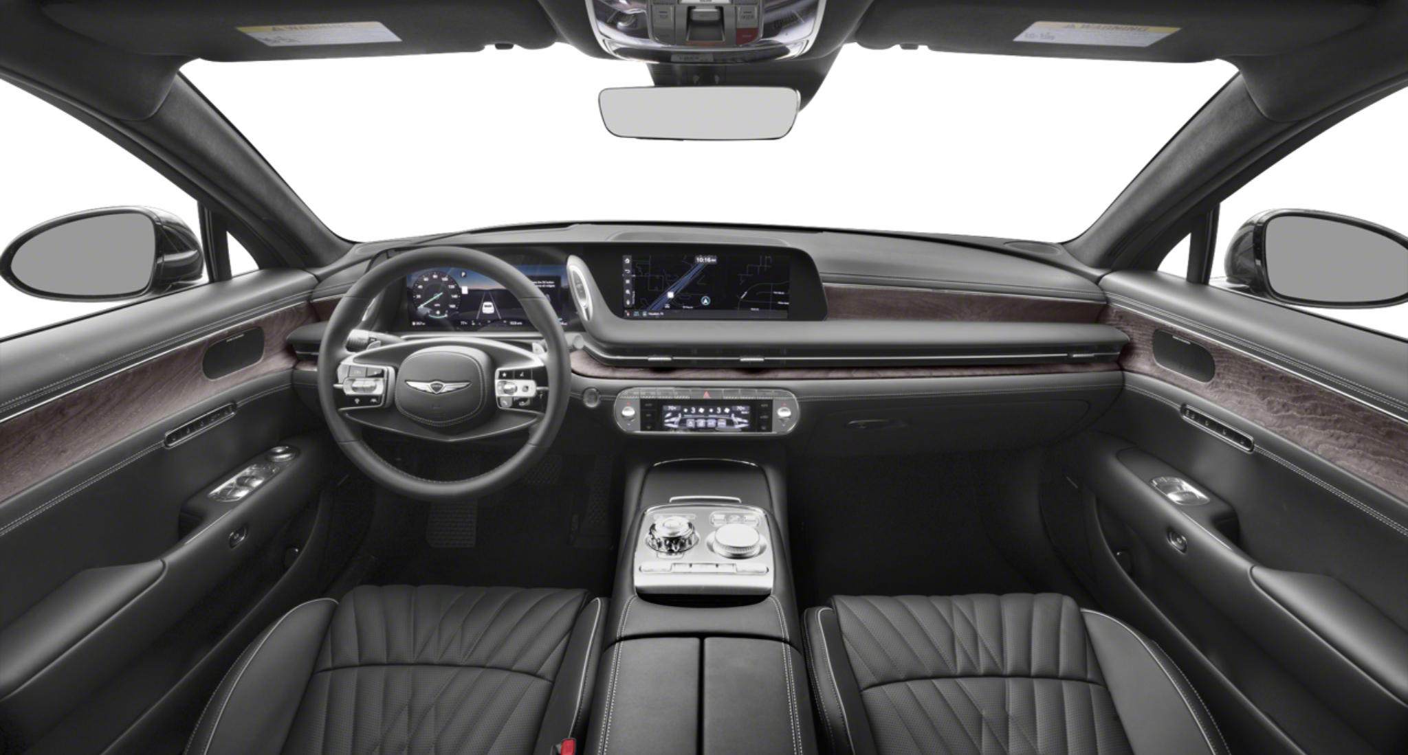 Interior dashboard view of the 2025 Genesis G90 AWD showing digital displays, leather trim, and advanced control features.