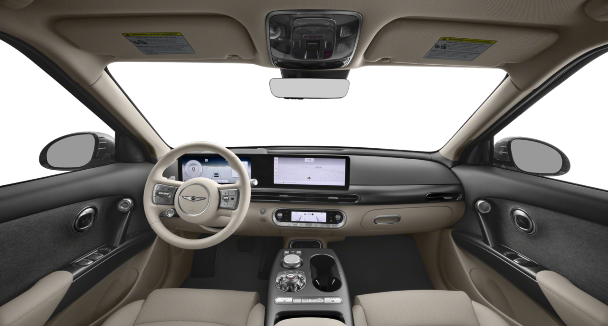 2025 Genesis GV60 interior showing digital dashboard, wide touchscreen display, rotary gear selector, and luxury cabin features