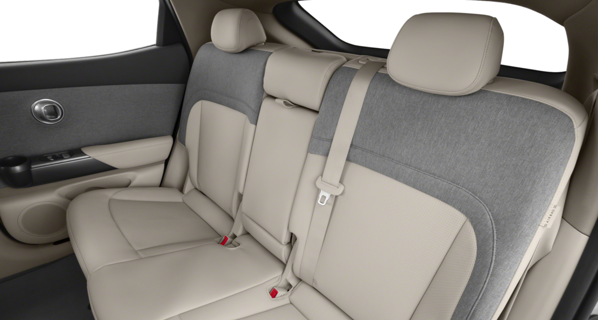 2025 Genesis GV60 rear seats in two-tone leather and fabric with center armrest and modern stitching design