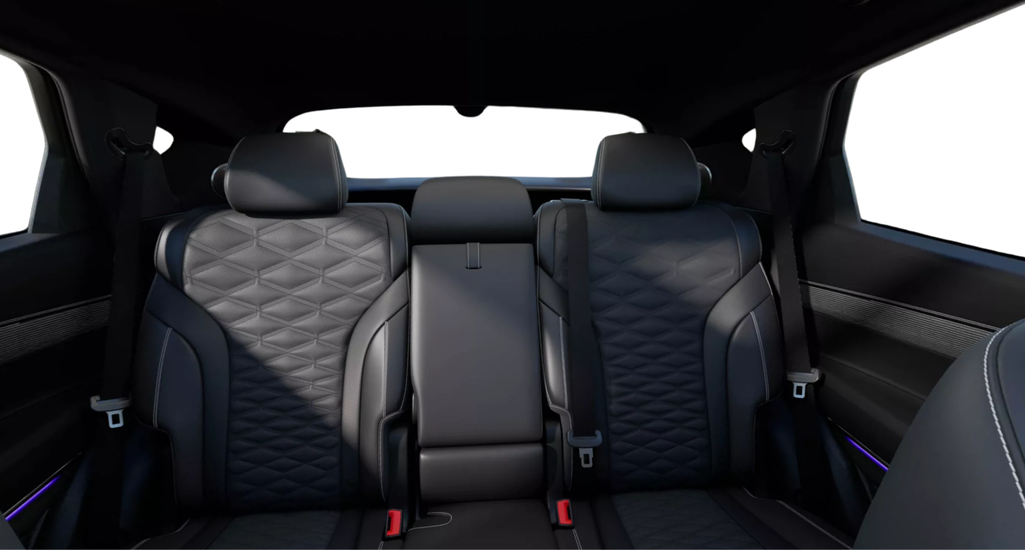 Rear seats of the 2025 Genesis GV80 Coupe AWD featuring quilted Nappa leather and ambient lighting.