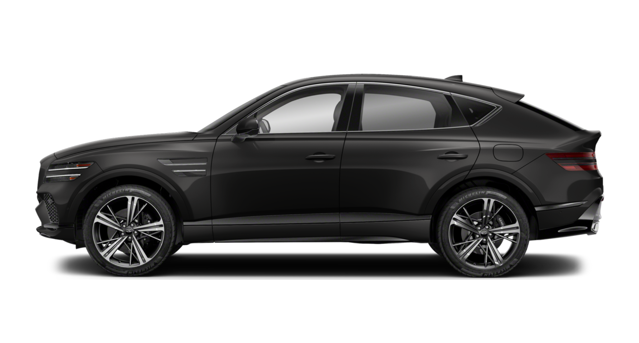 Side profile of the 2025 Genesis GV80 Coupe AWD showcasing its sleek coupe silhouette and 20-inch sport alloy wheels.