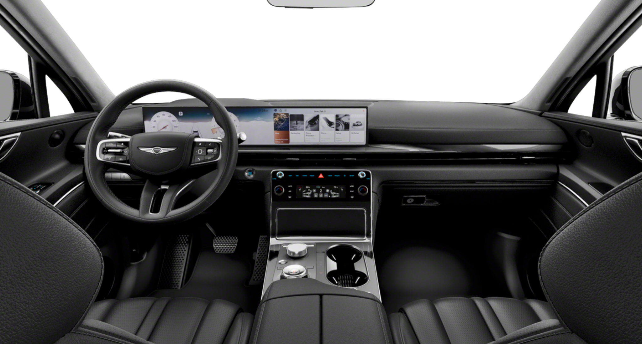Interior cockpit of the 2025 Genesis GV80 2.5T AWD highlighting the 27-inch OLED display, leather steering wheel, and modern tech layout.