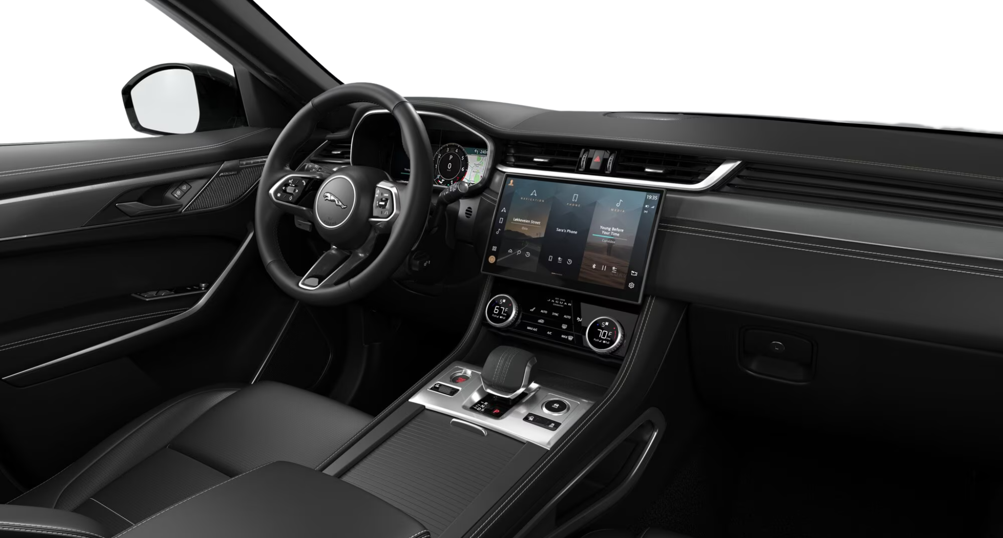 High-tech dashboard featuring the Pivi Pro touchscreen and premium finishes in the 2025 Jaguar F-Pace R-Dynamic S AWD.