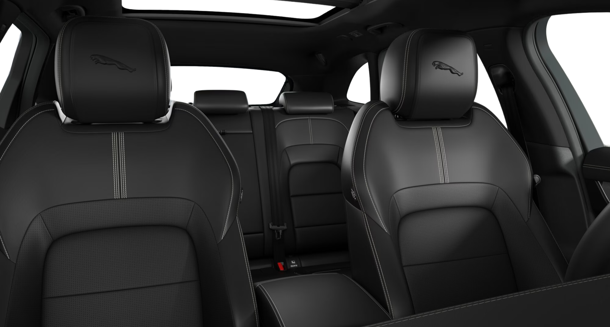 Luxurious black DuoLeather sport seats with contrast stitching and panoramic roof in the 2025 Jaguar F-Pace R-Dynamic S AWD.