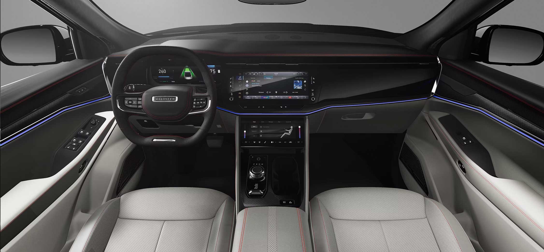 Dashboard of 2025 Jeep Wagoneer S lease, featuring 45-inch screens for EV lease deals.