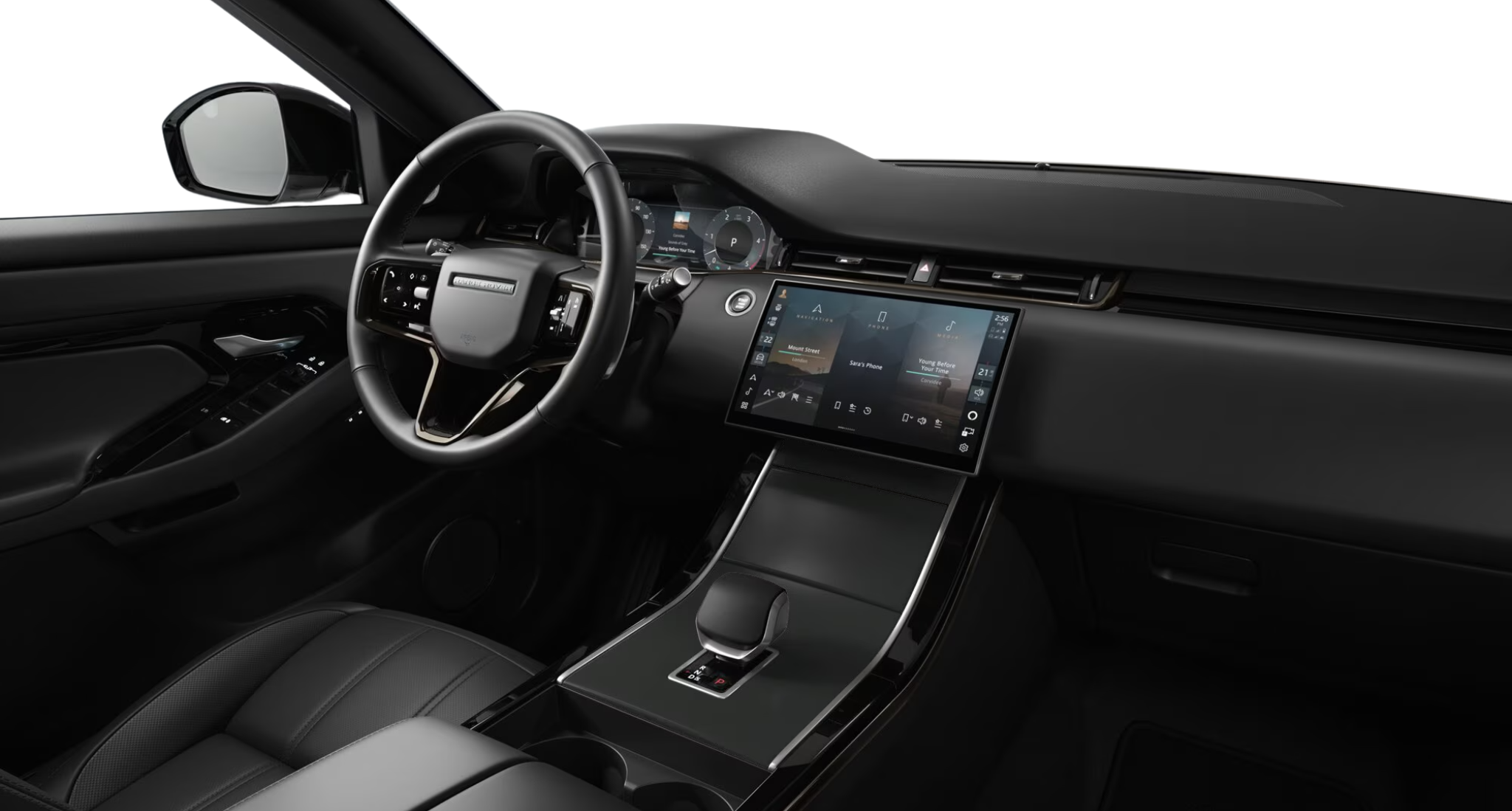 2025 Land Rover Evoque S AWD cockpit featuring digital gauge cluster, touchscreen infotainment, and luxury steering wheel layout