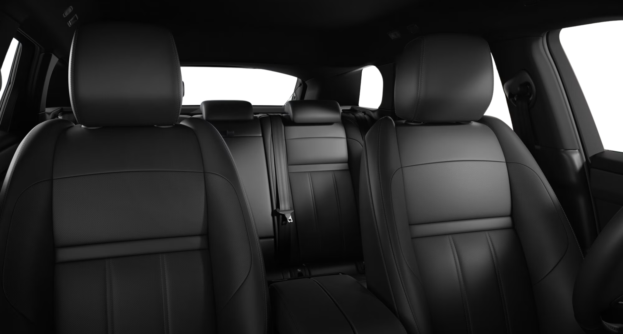 2025 Land Rover Evoque S AWD interior showing premium black leather front and rear seats with modern stitching design