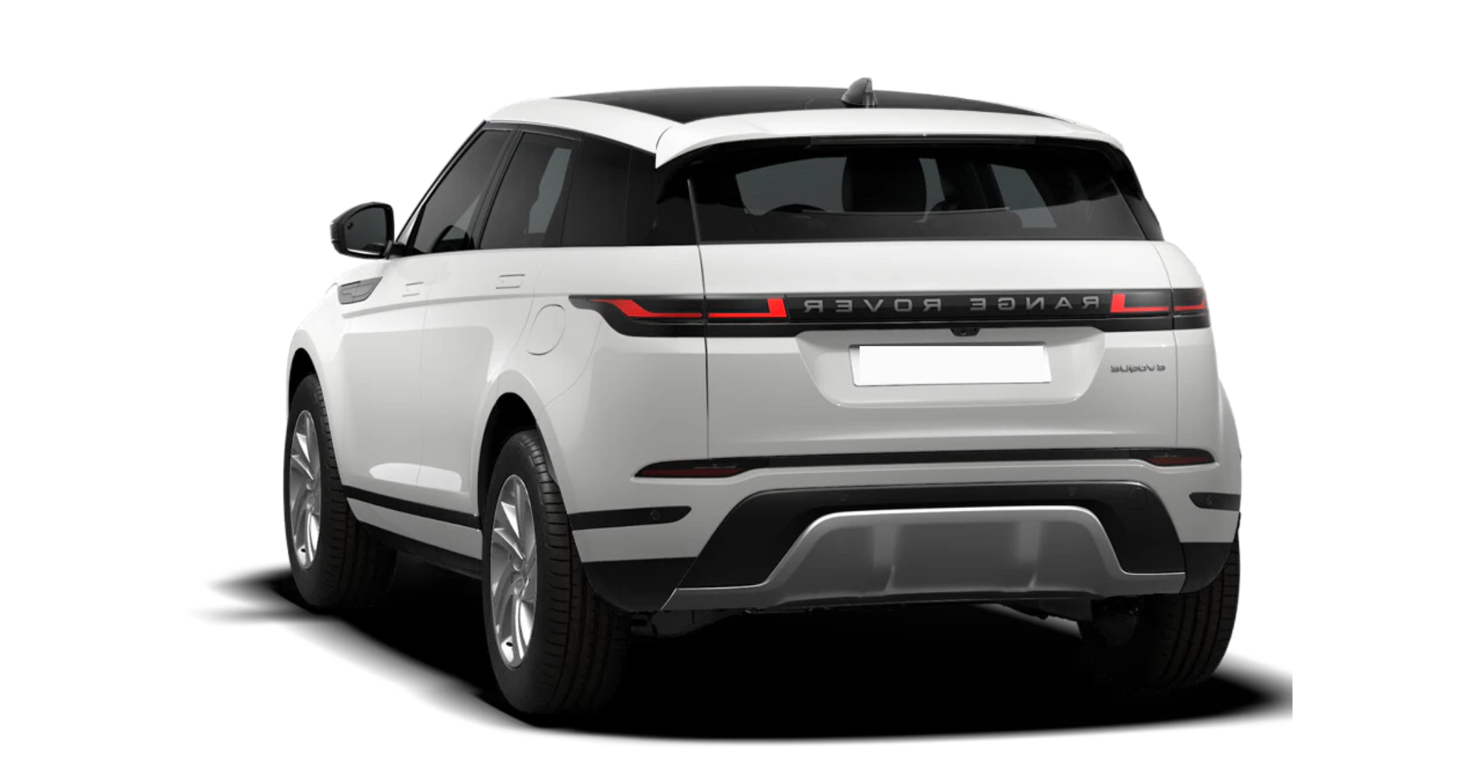 2025 Land Rover Evoque S AWD rear showcasing wraparound LED tail lights, subtle spoiler, and clean white exterior styling