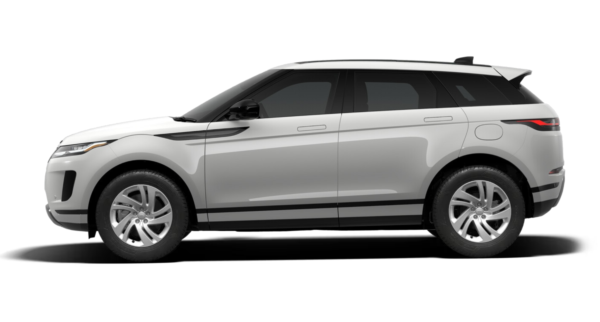 Sleek side profile of the 2025 Land Rover Evoque S AWD with bold body lines, alloy wheels, and black contrast roof
