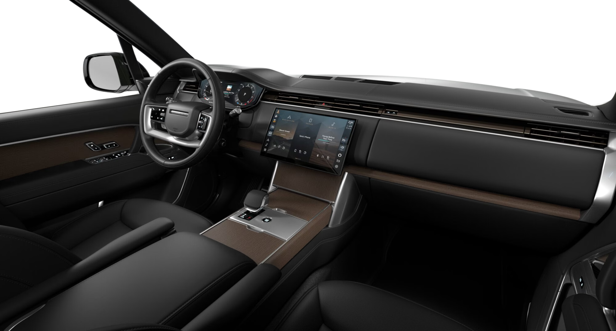 2025 Range Rover SE AWD dashboard featuring a sleek Pivi Pro touchscreen, digital instrument cluster, and modern wood trim.