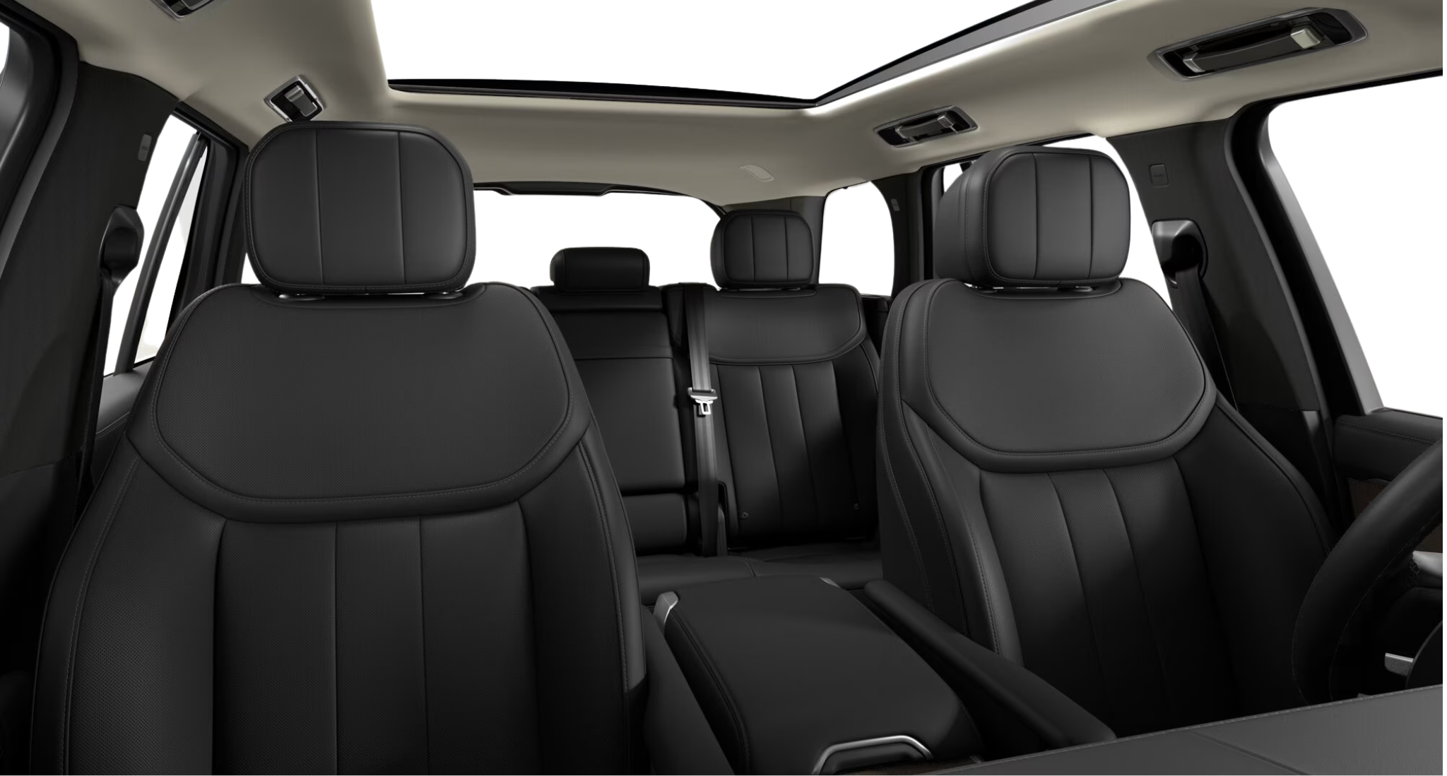2025 Land Rover Range Rover SE AWD interior view showcasing premium black Windsor leather seats and panoramic roof.