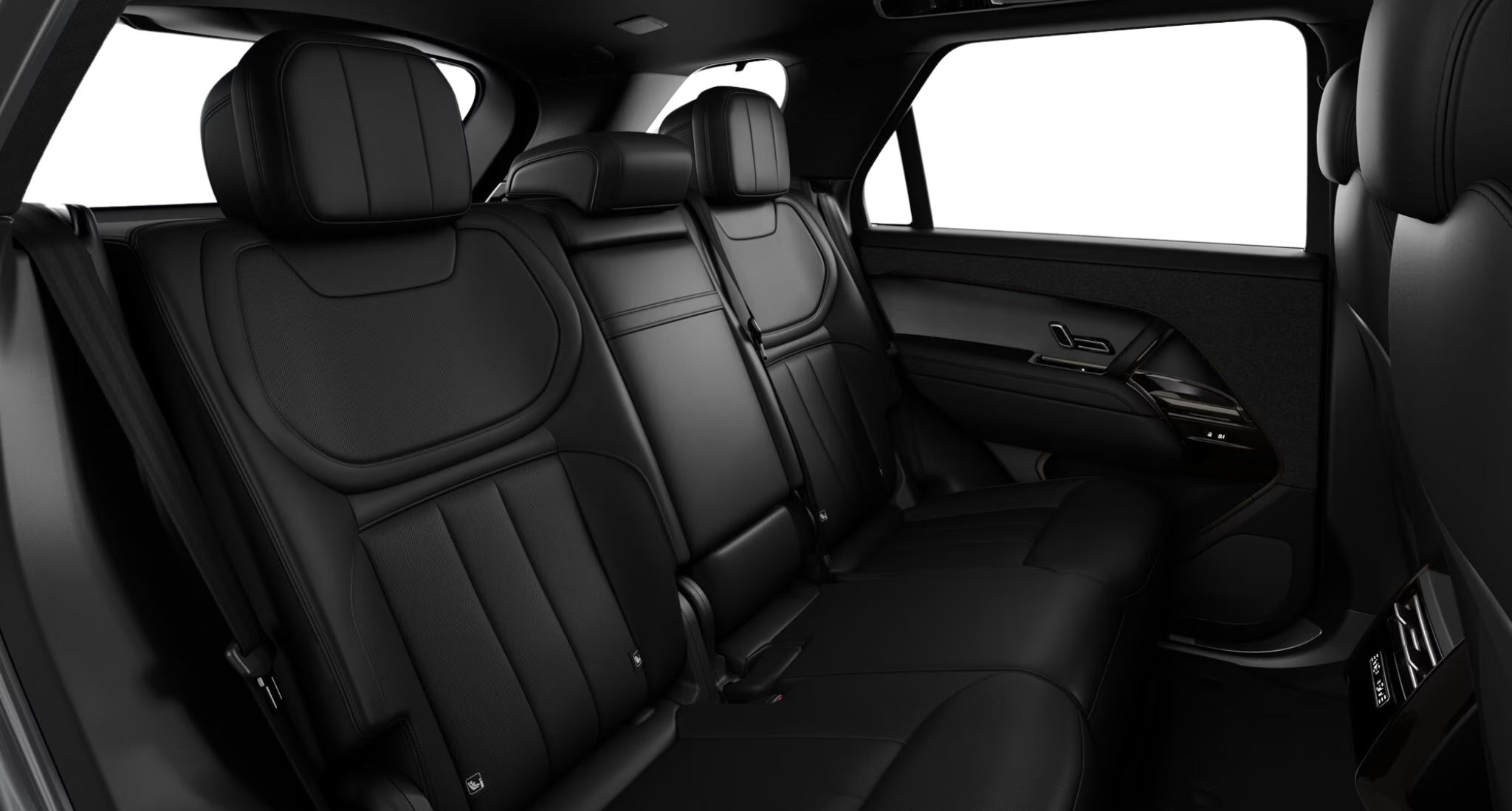 Rear seat interior of the 2025 Land Rover Range Rover Sport SE AWD showcasing premium black Windsor leather and rear climate controls.