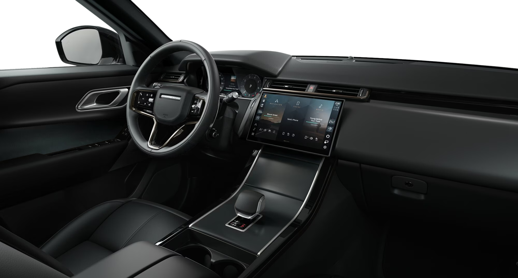 Modern dashboard view of the 2025 Range Rover Velar S AWD with digital touchscreen, steering controls, and luxury trim.