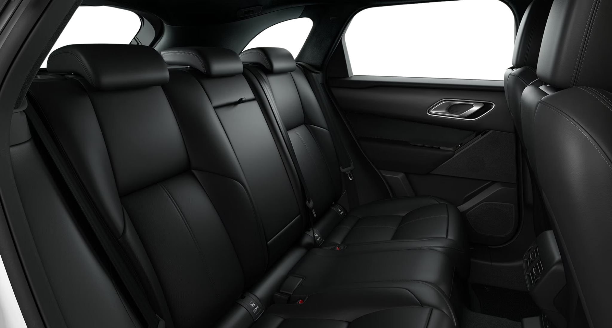 Rear seats of the 2025 Range Rover Velar S AWD featuring black leather upholstery and premium stitching.