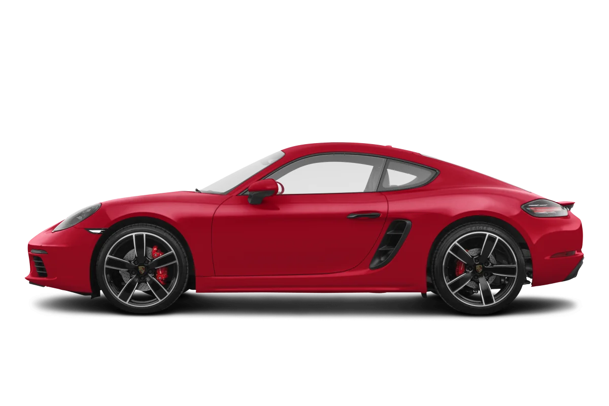 Side profile of the 2025 Porsche 718 Cayman showcasing its coupe silhouette, alloy wheels, and sculpted side air intakes.