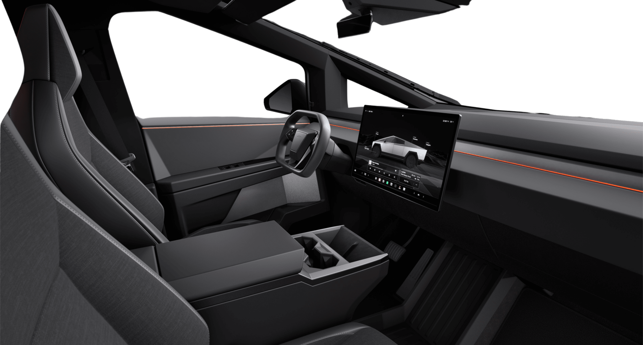 2025 Tesla Cybertruck AWD minimalist dashboard with 18.5-inch touchscreen and ambient lighting