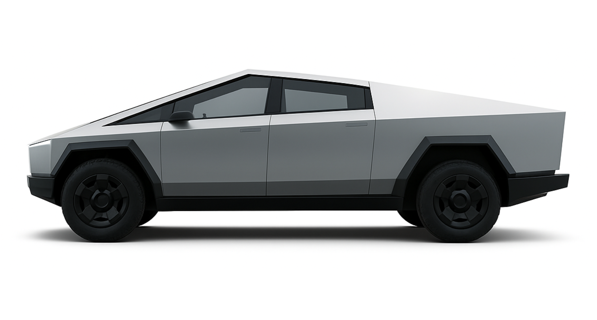 Side profile of the 2025 Tesla Cybertruck AWD electric pickup with angular stainless steel design