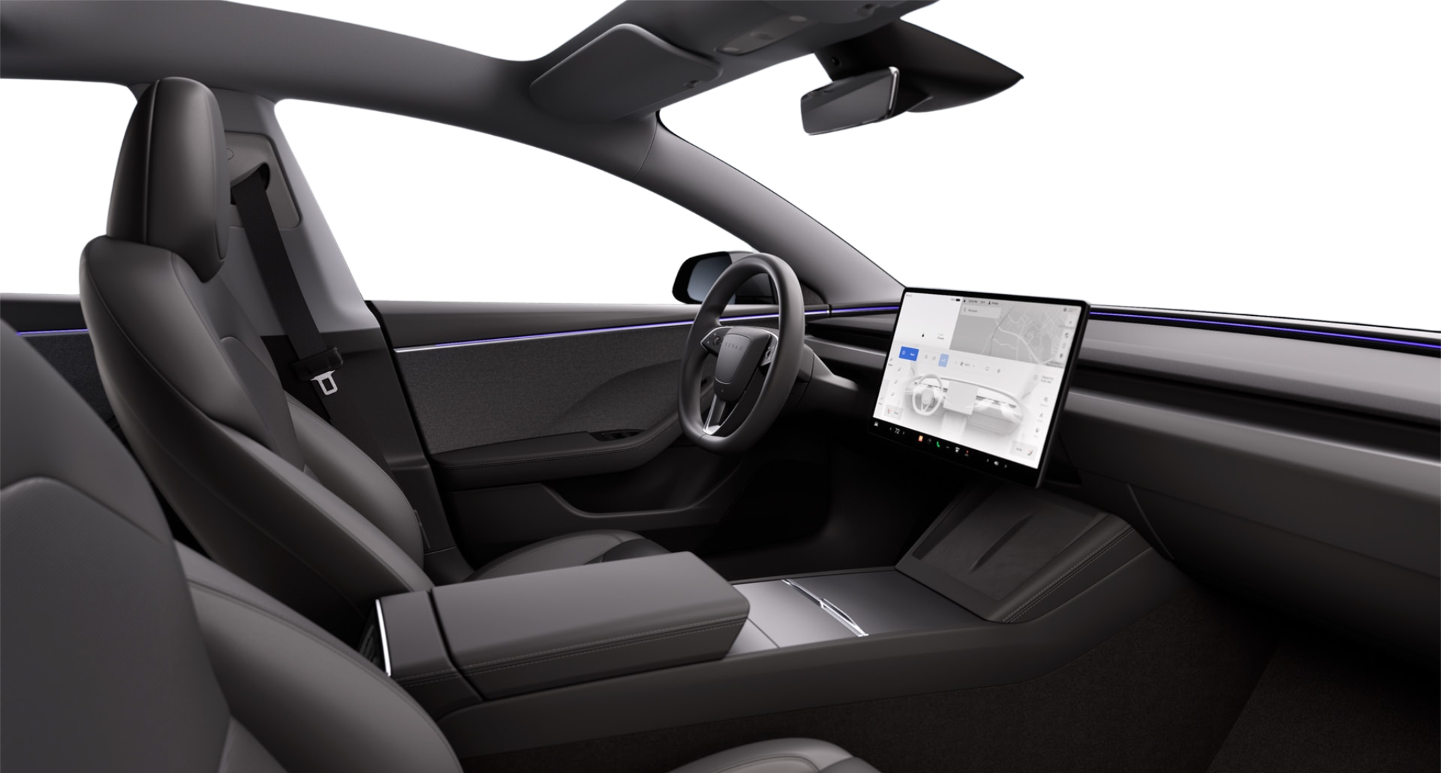 Interior view of the 2025 Tesla Model 3 Long Range RWD featuring 15.4-inch touchscreen, ambient lighting, and premium seats.