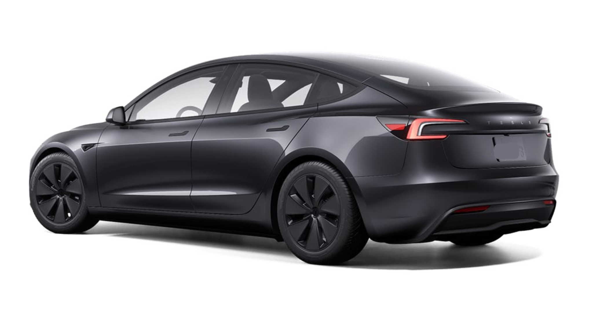 Rear angle of the 2025 Tesla Model 3 Long Range RWD in black, showcasing taillights and sleek fastback design.
